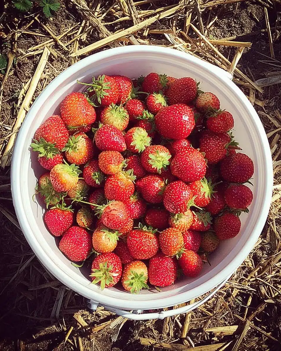 Fresh strawberries in a white bucket on straw, perfect for watermelon and strawberry lemonade drink