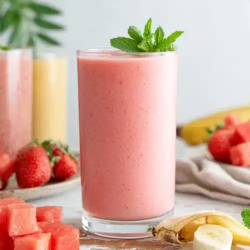 Pink weight loss smoothie with mint garnish, surrounded by frozen strawberries and watermelon