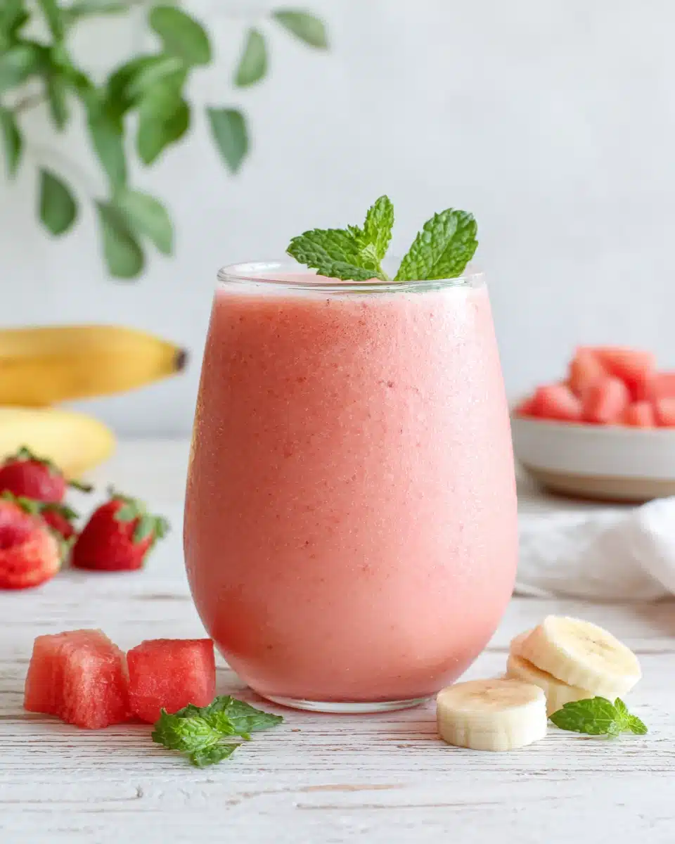 Creamy pink weight loss smoothie with mint garnish, frozen strawberries, and banana nearby