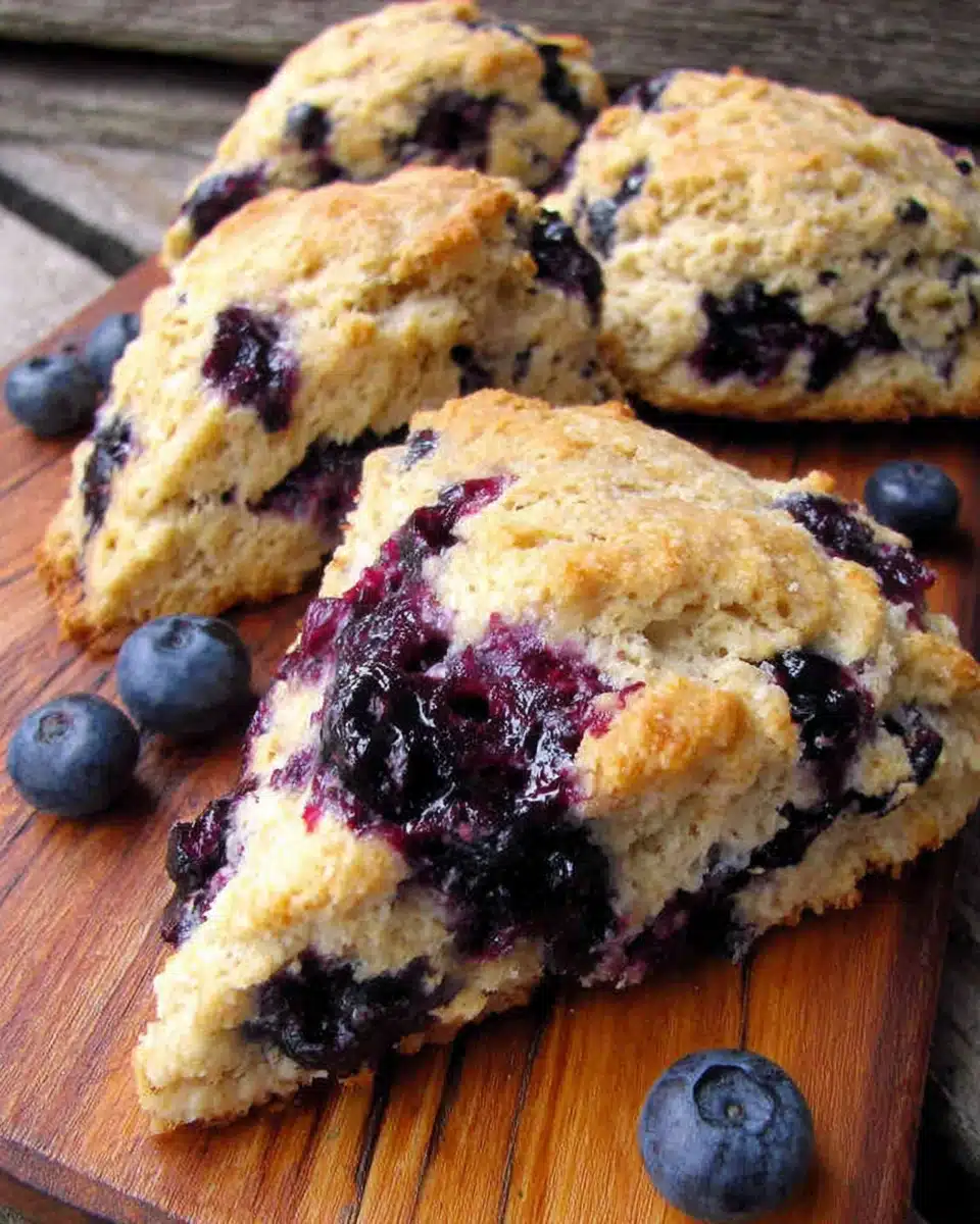 Whole Wheat Blueberry Scones on Wooden Board Golden whole wheat blueberry scones with fresh blueberries on a wooden board