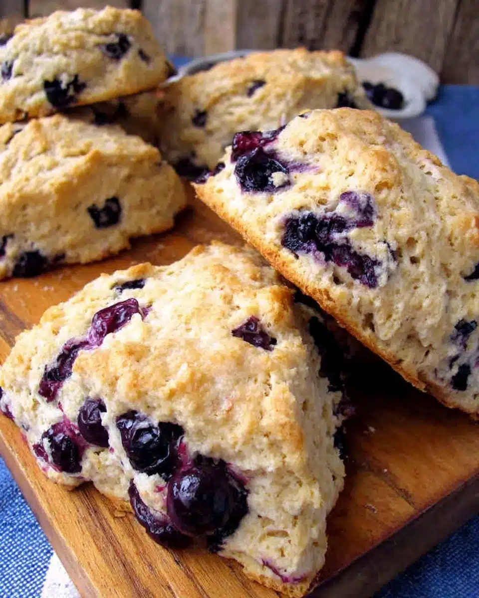Whole Wheat Blueberry Scones on Wooden Board Golden whole wheat blueberry scones with juicy berries on a wooden board