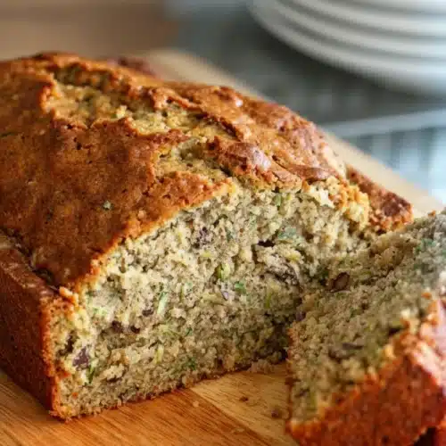 Moist 2 loaf zucchini bread with pecans, sliced on wooden board