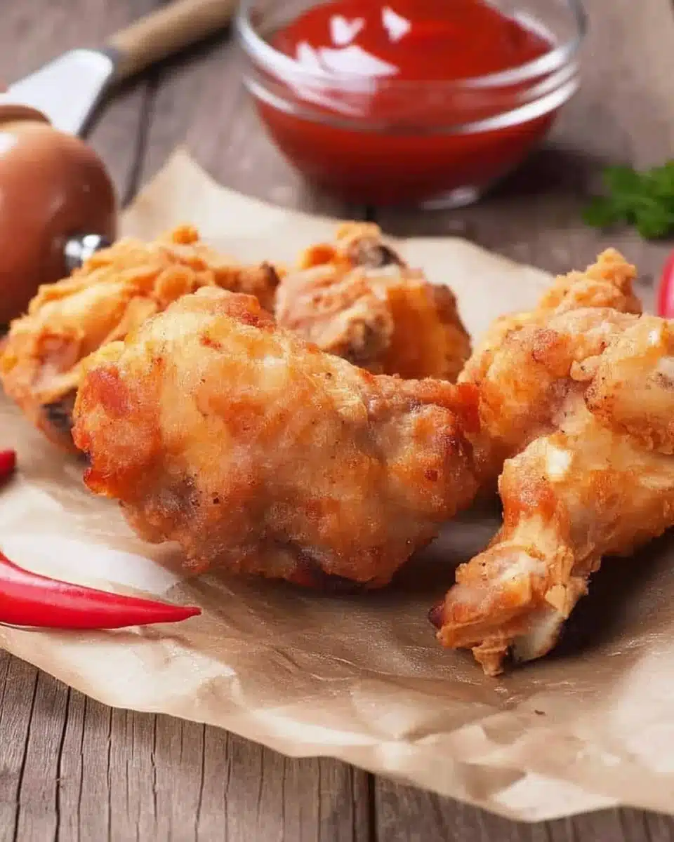Crispy air fryer fried chicken with ketchup and red peppers