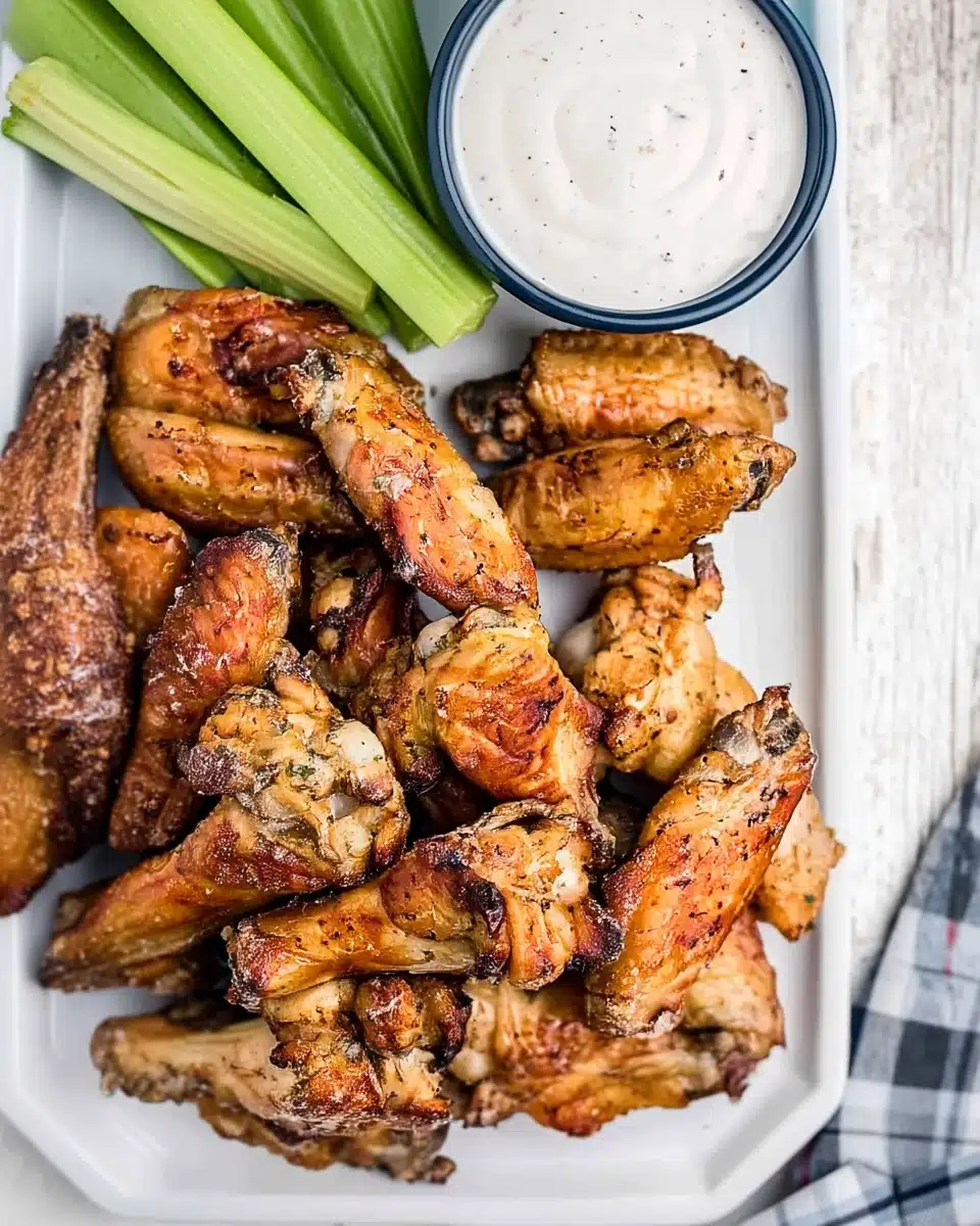 Crispy air fryer ranch chicken wings with celery and ranch dip