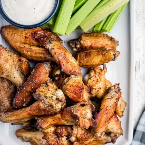 Crispy air fryer ranch chicken wings with celery and ranch dip