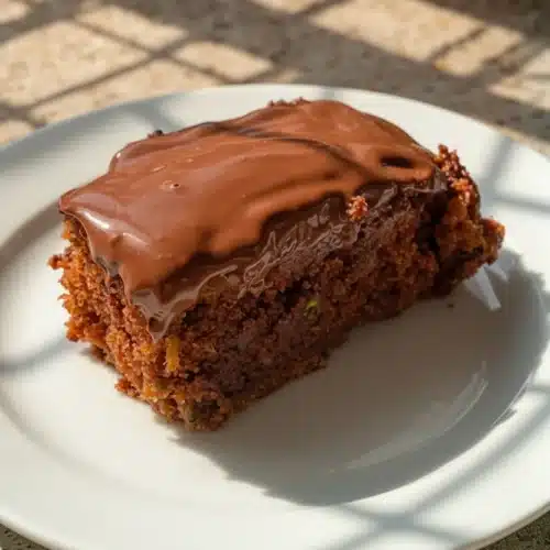 Allrecipes zucchini brownie with chocolate peanut butter frosting on a plate