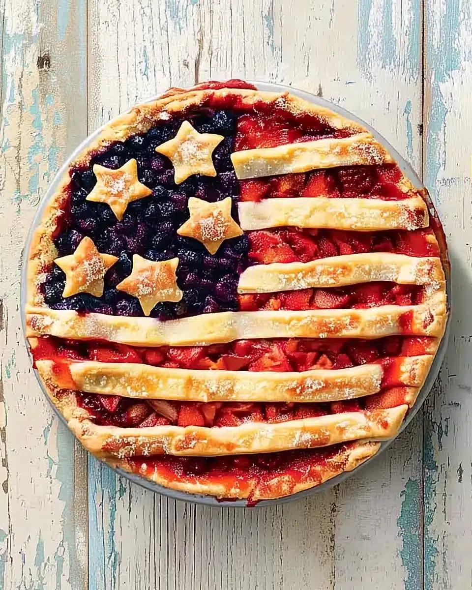 American flag pie with red, white, and blue fruit filling and crust stars and stripes
