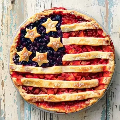 American flag pie with strawberry and blueberry filling, star and stripe crust design