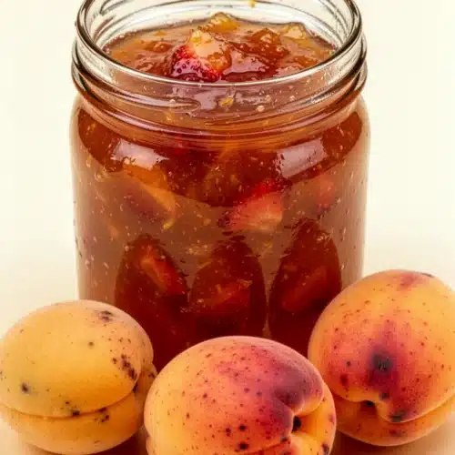 Apricot strawberry jam in a glass jar with fresh apricots and a spoon