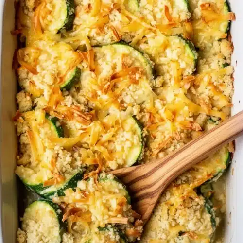 Au gratin zucchini with cheesy topping and wooden spoon