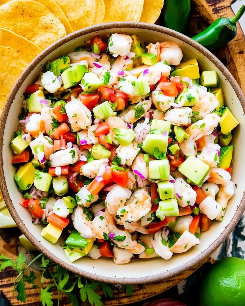 Avocado shrimp ceviche in a bowl with tortilla chips and jalapeños