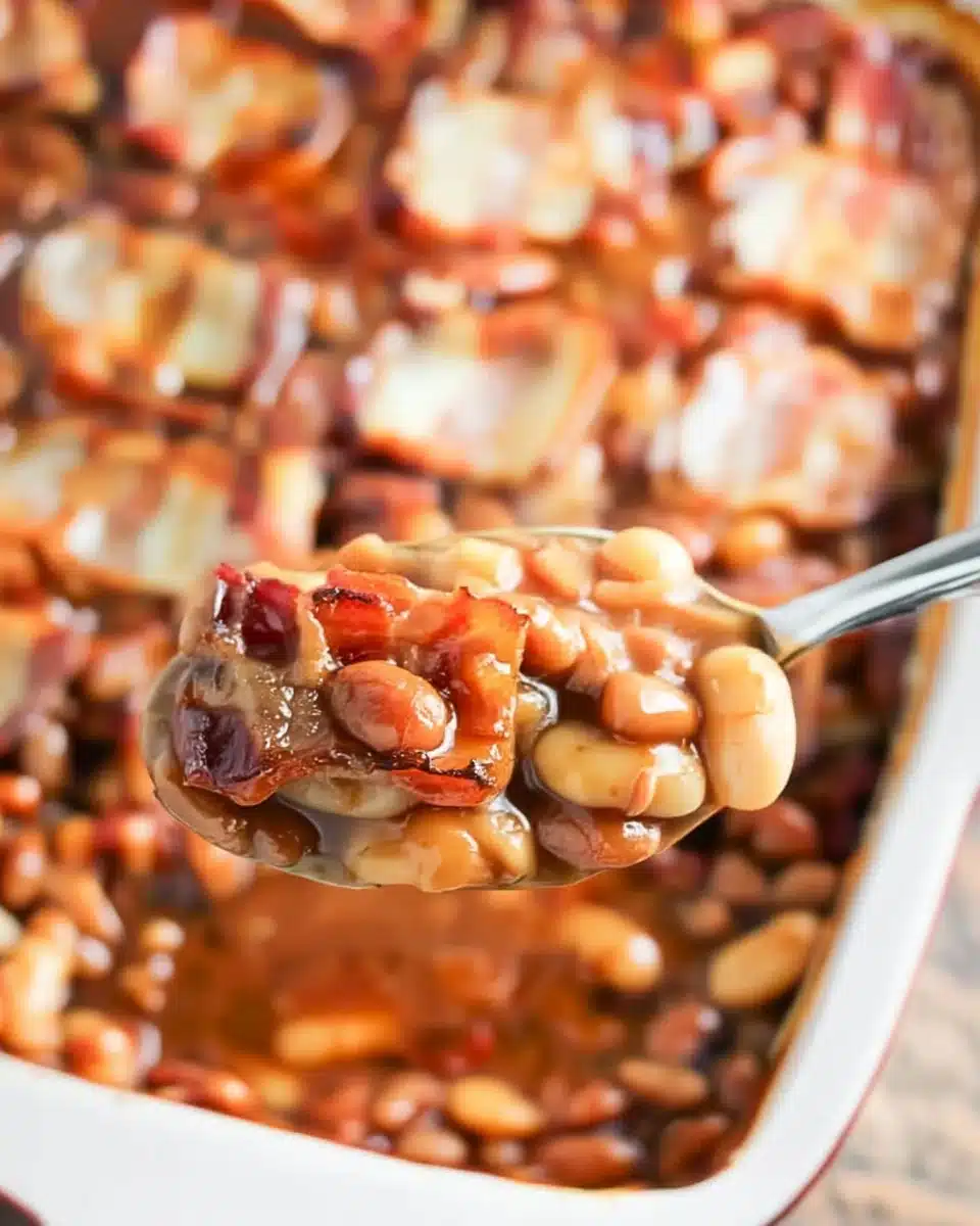 Backyard barbecue baked beans with bacon on a spoon, rich sauce, crispy bacon, warm dish