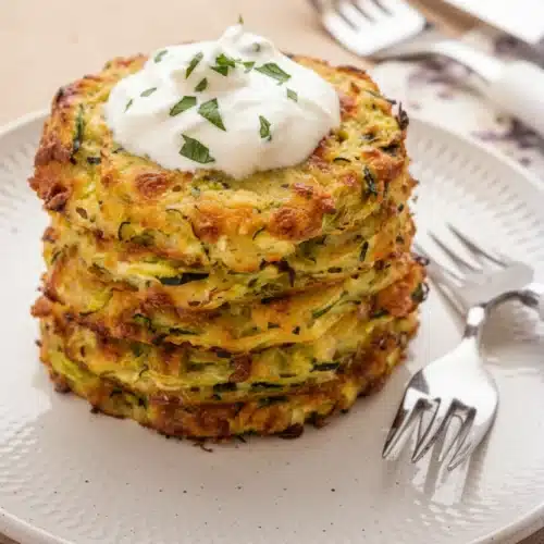 Stack of crispy baked zucchini fritters topped with sour cream and herbs