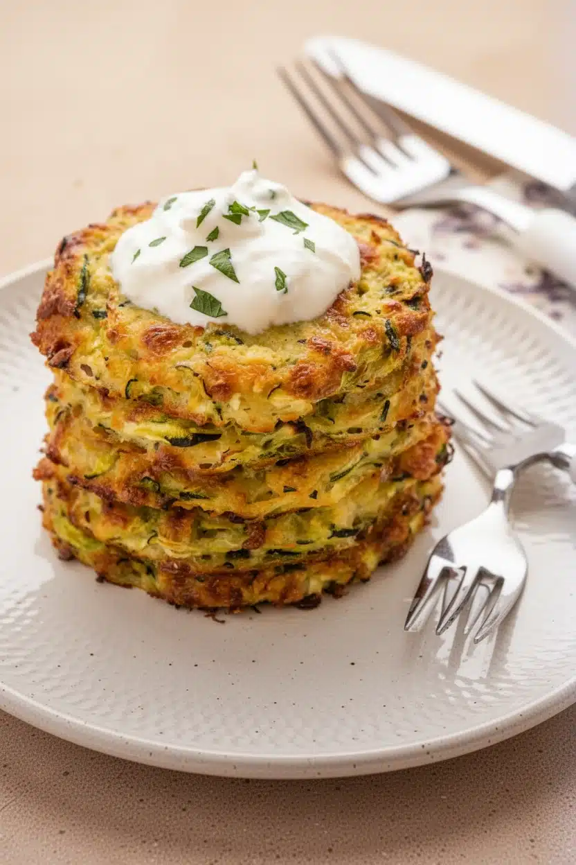 Stack of crispy baked zucchini fritters topped with sour cream and herbs