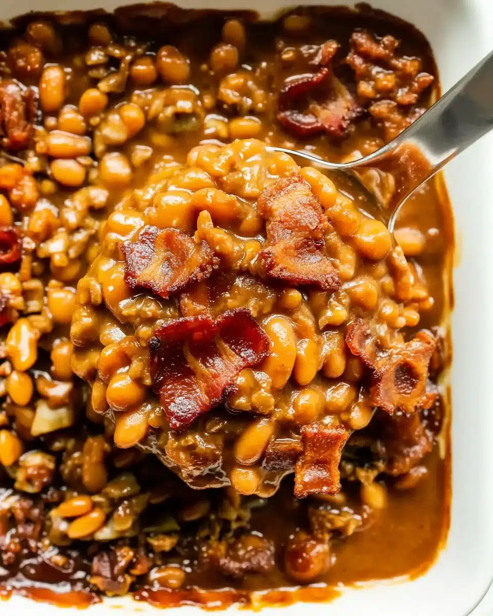 Savory BBQ baked beans with bacon and sauce, served with a spoon