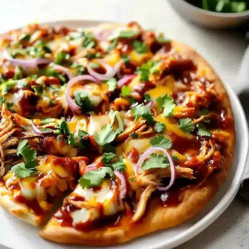 BBQ chicken flatbread pizza with cheese, chicken, red onions, and cilantro