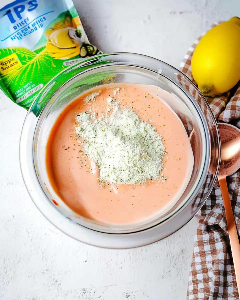 Homemade BBQ Ranch Dressing with Ranch Seasoning Mix Creamy BBQ ranch dressing in a glass bowl with ranch seasoning on top, ready to mix.