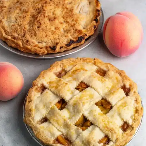 Best peach pie recipe with crumble topping and lattice crust, fresh peaches, checkered cloth