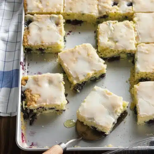 Blueberry zucchini bars with white glaze on a baking tray