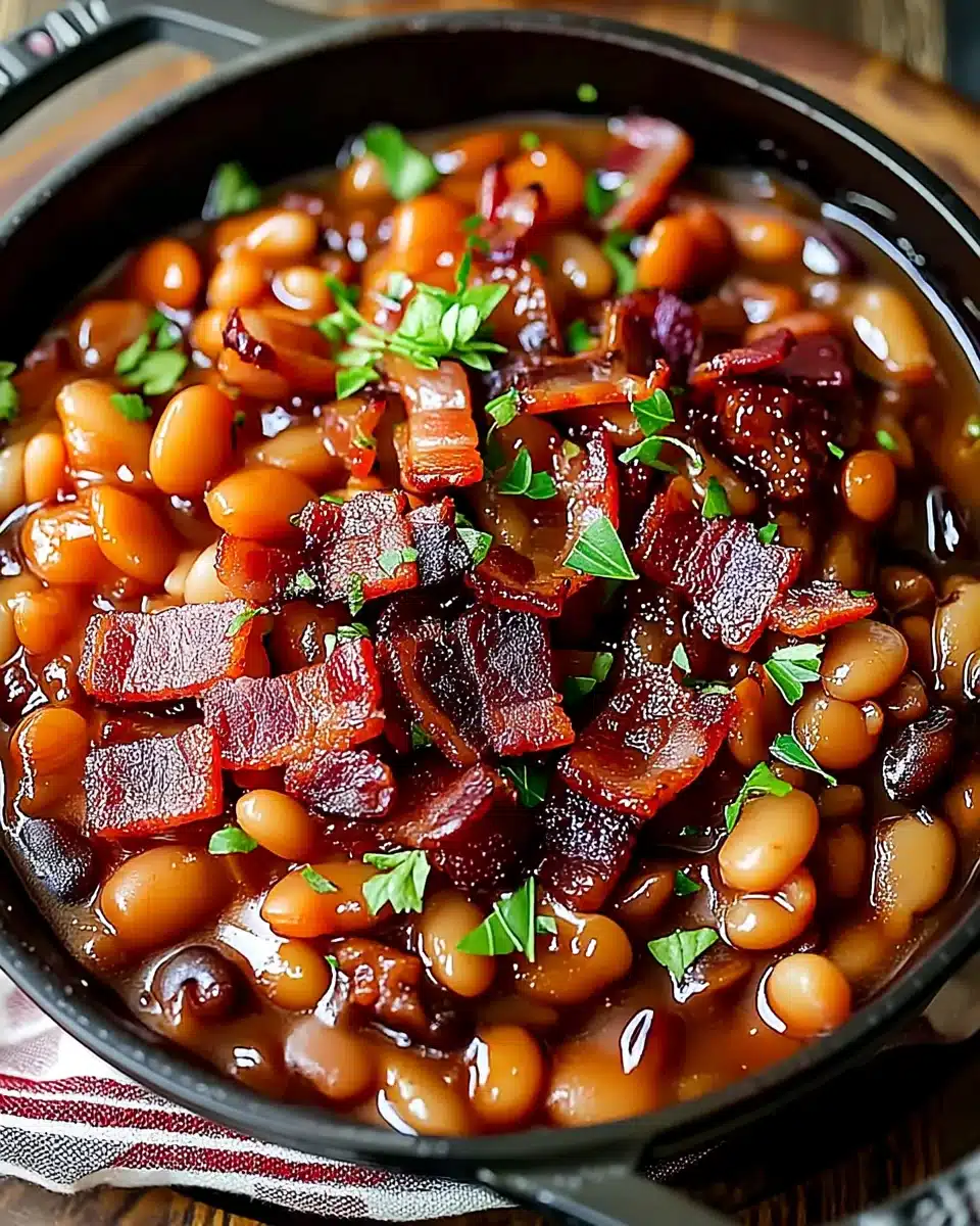 Brown sugar and bacon baked beans in a cast iron skillet with crispy bacon topping
