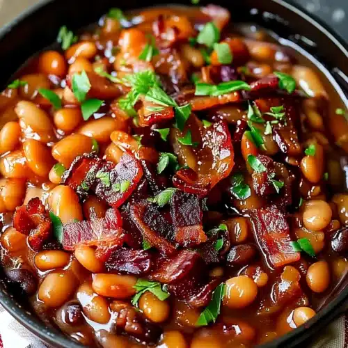 Brown sugar and bacon baked beans in a cast iron skillet with crispy bacon and parsley