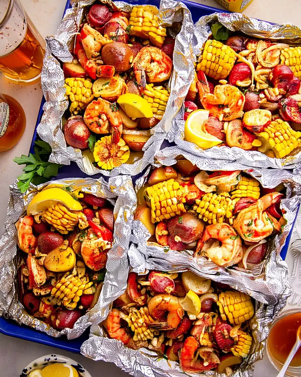 Cajun shrimp boil foil packs with shrimp, corn, potatoes, and sausage, garnished with lemon wedges
