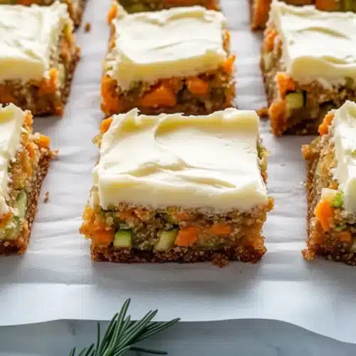 Moist carrot zucchini bars with cream cheese frosting, topped with lemon zest, arranged on parchment paper
