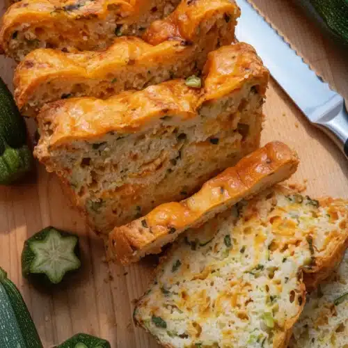 Slices of cheesy zucchini bread with green onions on a wooden board