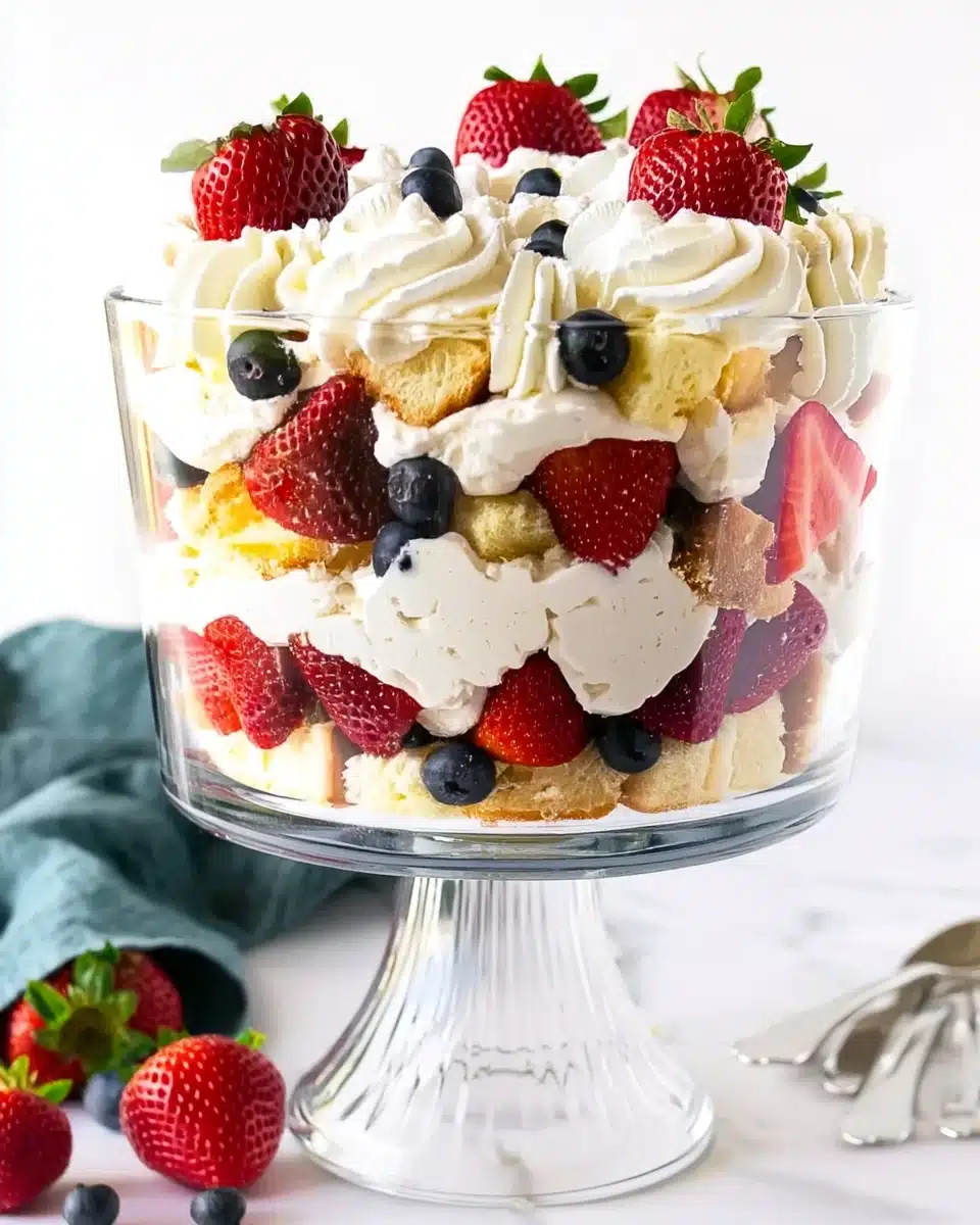 Cheesecake berry trifle in a glass bowl with layers of cake, cream, and fresh berries.