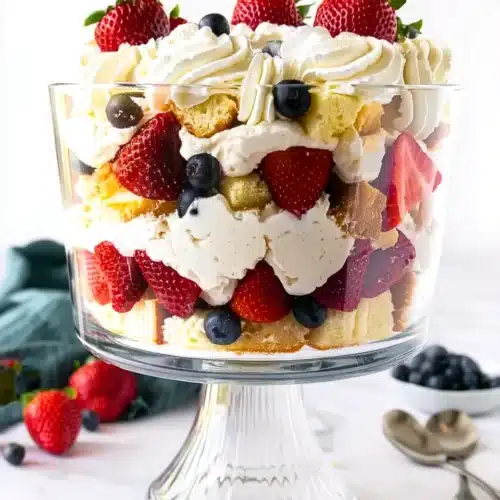 Cheesecake berry trifle in a glass bowl with layers of cake, cream, and fresh berries.