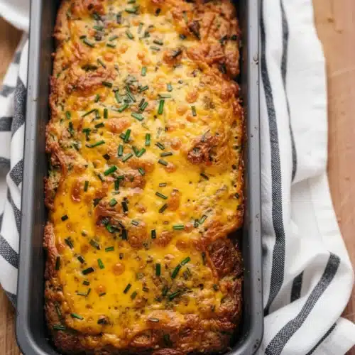 Cheesy zucchini bread with melted cheddar and chives in a loaf pan