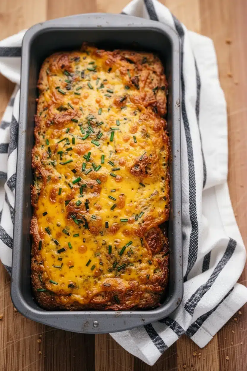 Cheesy zucchini bread with melted cheddar and chives in a loaf pan