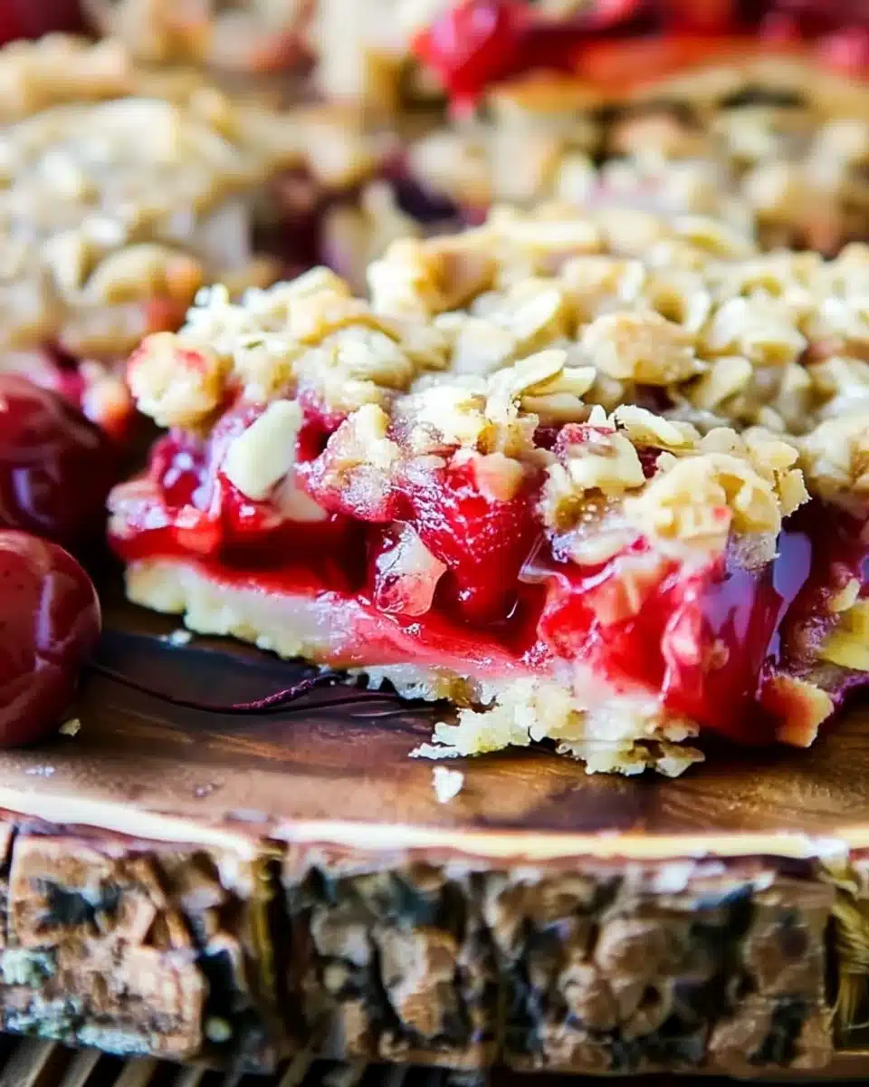 Cherry crisp bars mashup with juicy cherries and crunchy oat topping on wooden board