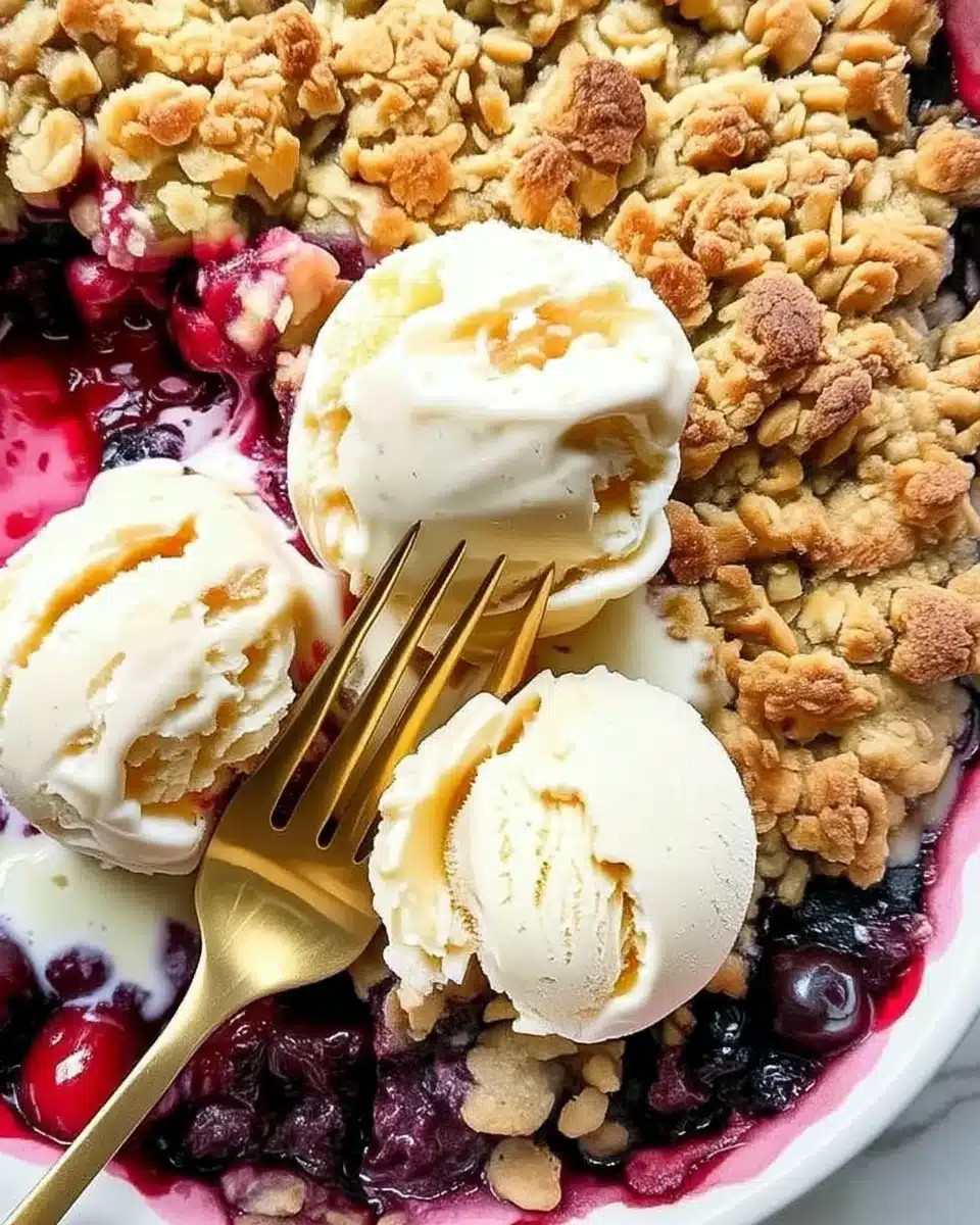 Cherry crisp with vanilla ice cream and golden fork, warm dessert