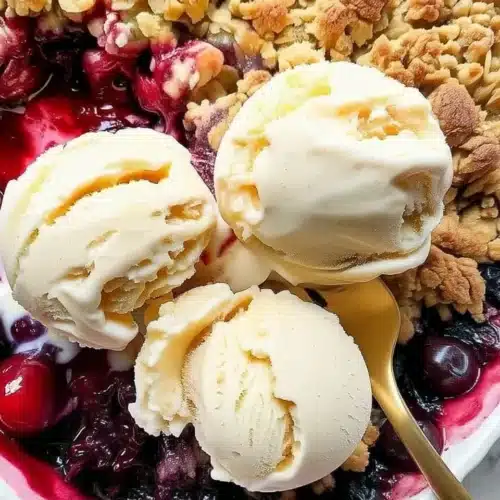 Cherry crisp with vanilla ice cream and golden fork, warm dessert