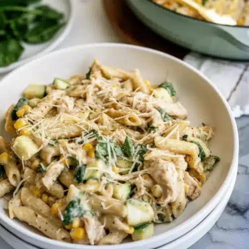 Creamy chicken pasta casserole with corn and zucchini in a white bowl, topped with Parmesan cheese
