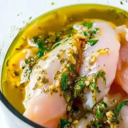 Chicken souvlaki marinating in olive oil, lemon, garlic, and herbs