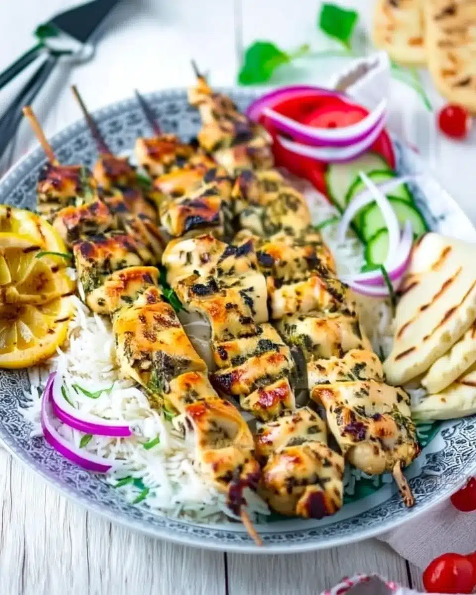 Grilled chicken souvlaki skewers with rice, vegetables, and pita bread