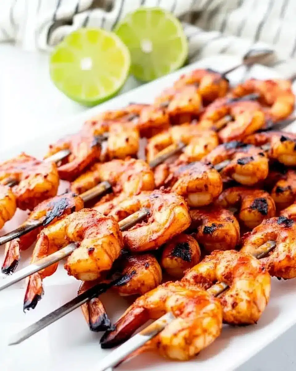 Grilled chili lime shrimp skewers with lime garnish on a white plate