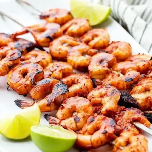 Grilled chili lime shrimp skewers with lime garnish