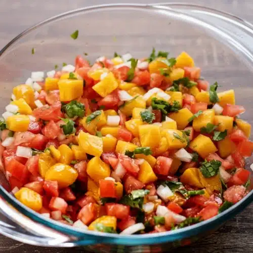 Delicious Chunky Peach Salsa for Summer Snacking 2 Chunky peach salsa with fresh peaches, tomatoes, and cilantro in a glass bowl