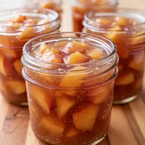 Chunky cinnamon peach jam in glass jars, fresh and homemade
