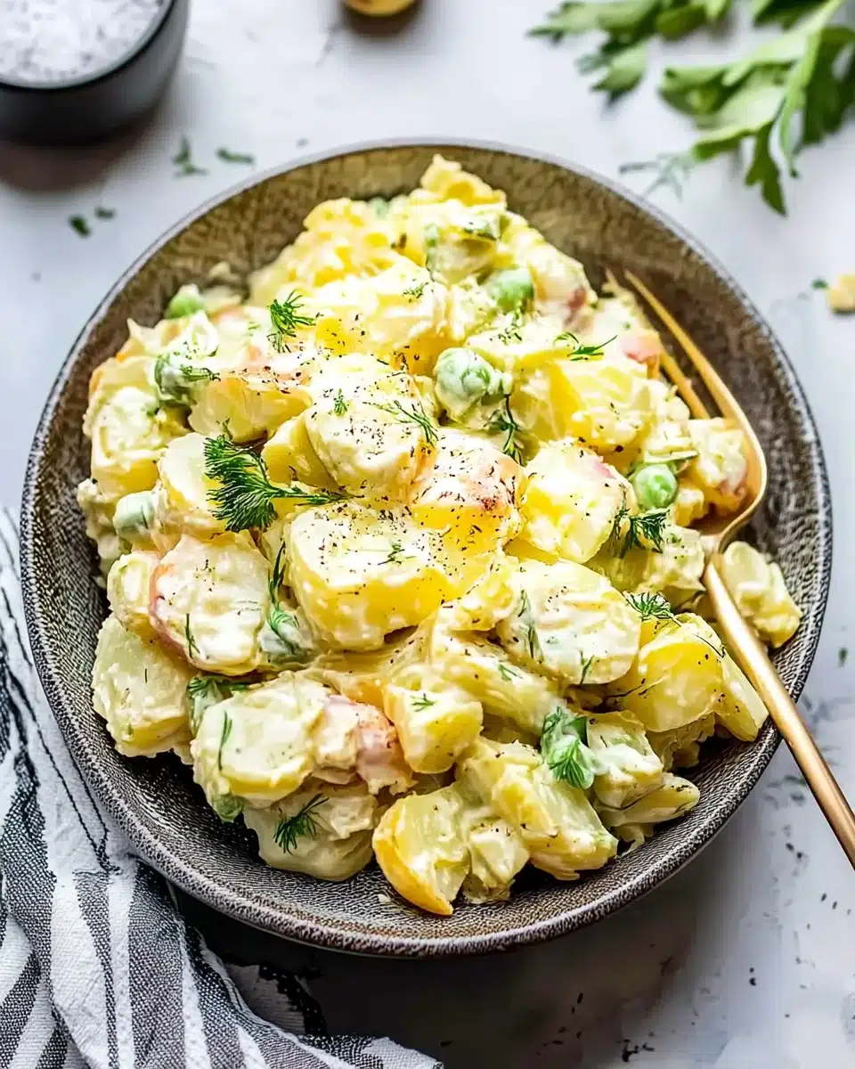 Classic potato salad in a bowl with dill and black pepper, perfect for picnics