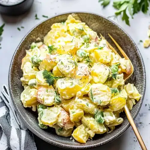 Classic potato salad in a bowl with dill and black pepper, perfect for picnics