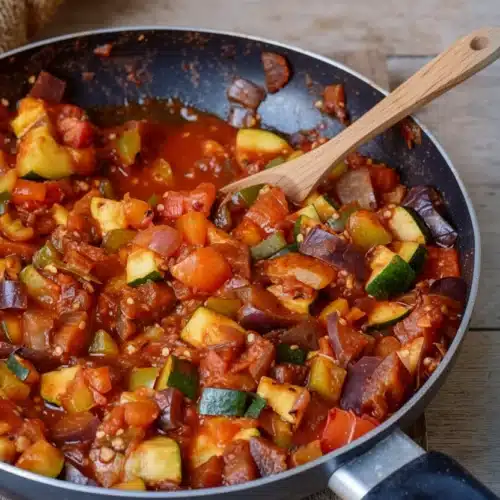 Colorful vegetable ratatouille in pan with eggplant, zucchini, tomatoes, and bell pepper