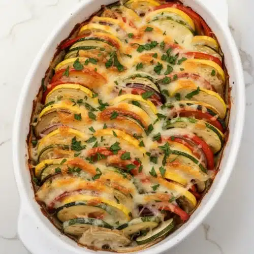 Colorful vegetable tian with zucchini, squash, and cheese in a white dish