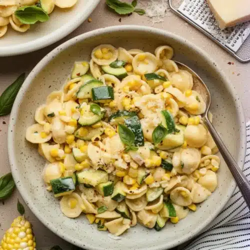 Creamy zucchini corn pasta with orecchiette, zucchini, corn, and Parmesan in a speckled bowl.