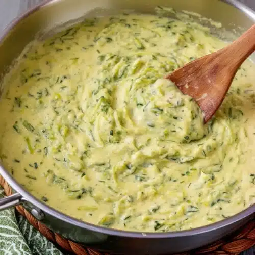 Creamy zucchini sauce in a skillet with wooden spoon, fresh herbs and cheese