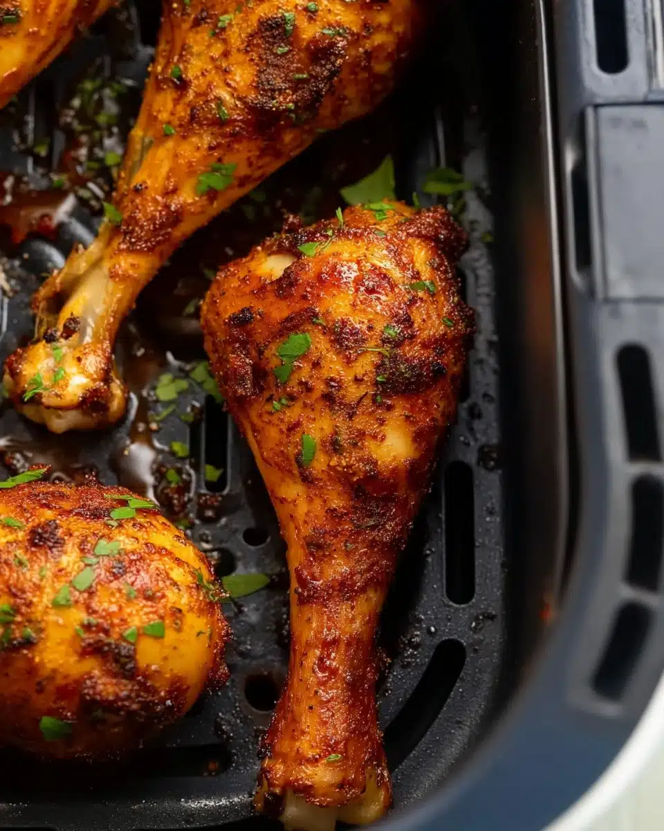 Crispy, juicy air fryer chicken legs in a basket with herbs