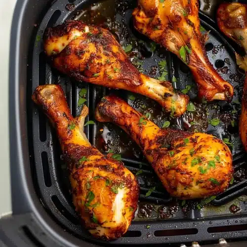 Crispy, juicy air fryer chicken legs in a black basket, garnished with parsley